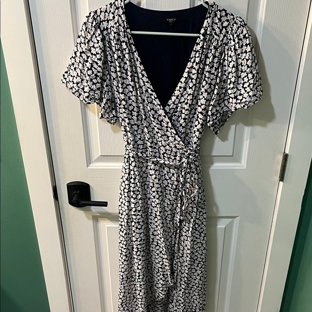 FRNCH Navy & White Floral Wrap Midi Dress